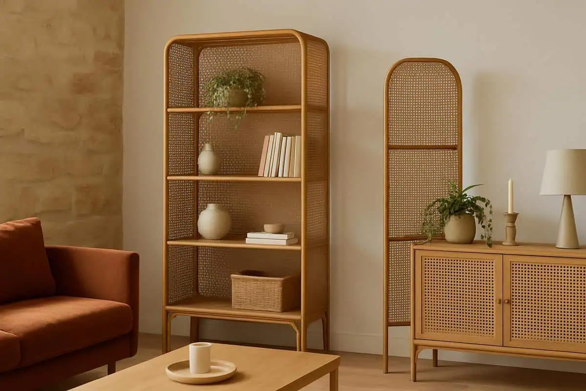 Bibliotheque en rotin tresse structure doree comme separateur leger pour aménager petit salon salle a manger et laisser passer la lumiere