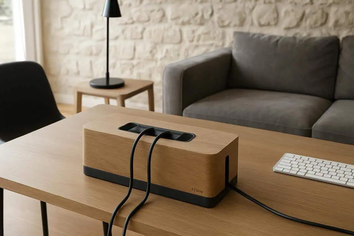 Boîte cache-multiprise en bois et métal pour gestion des câbles bureau salon, organiseur de rangement discret