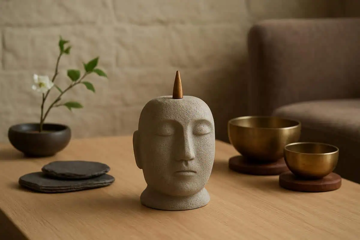 Plateau décoratif avec brûle-encens en grès, coupelle artisanale pour cônes naturels, accessoires minimalistes pour jardin zen et méditation