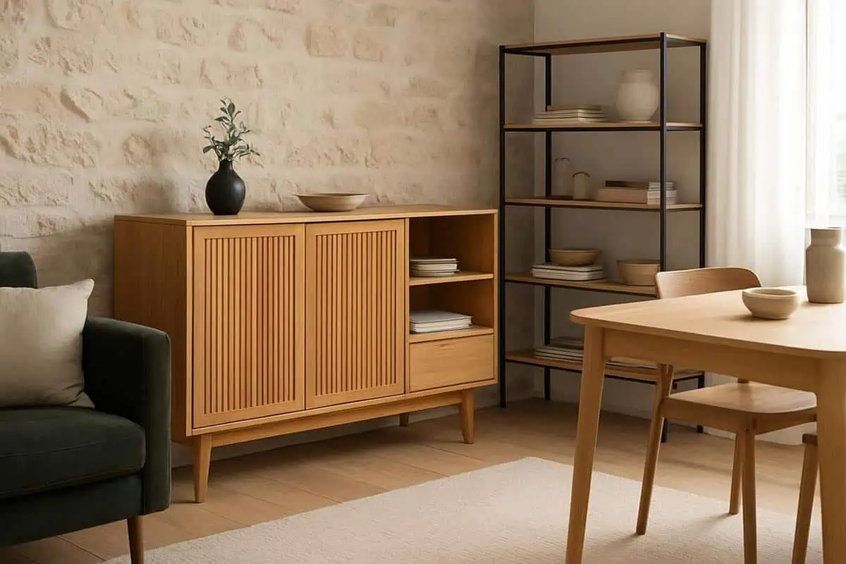 Buffet scandinave en chene avec portes cannelees comme demi-cloison pour separer salon et salle a manger, meuble de rangement bas et lumineux