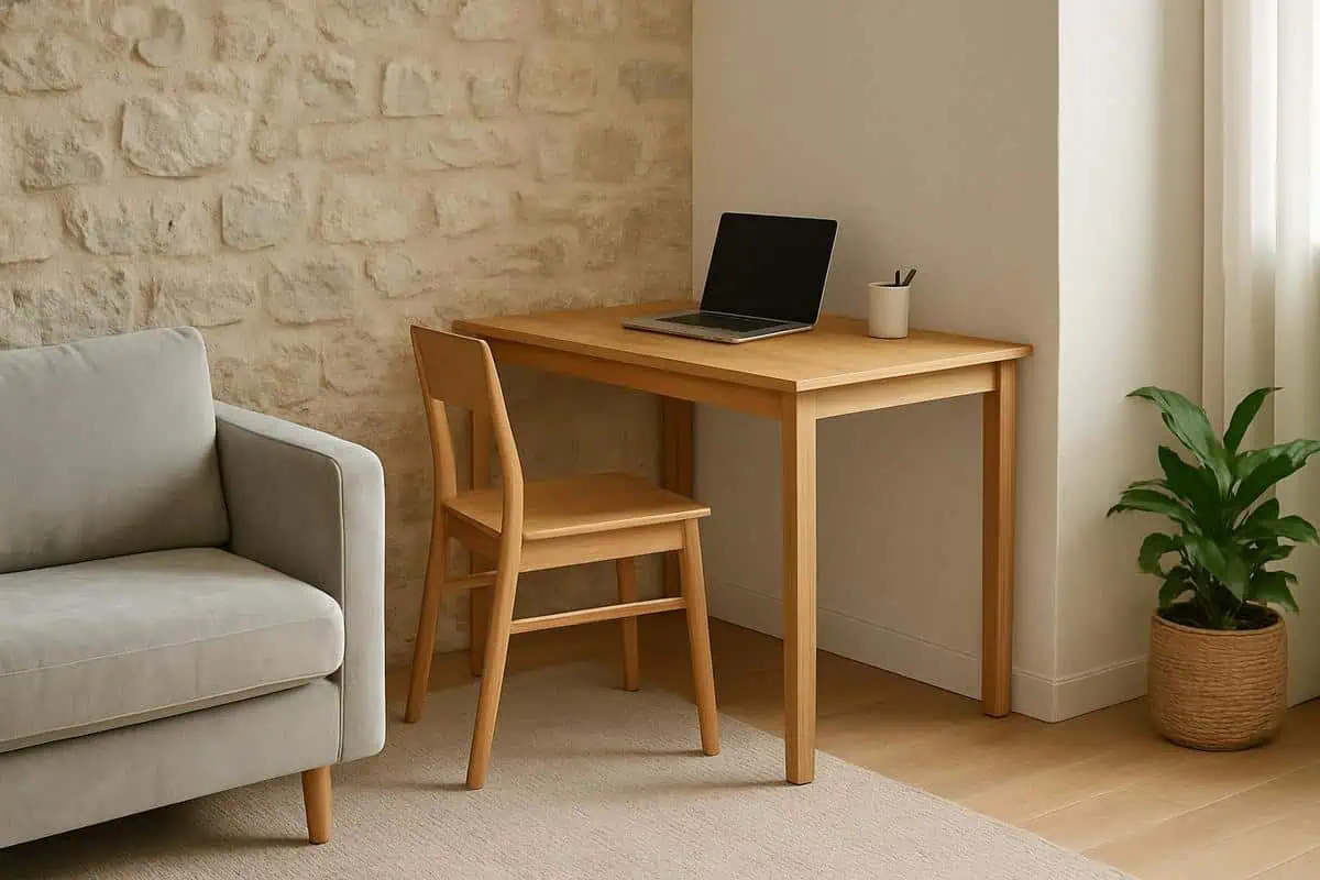 Bureau d'angle étroit en chêne massif type console 40cm profondeur pour aménager un coin bureau derrière canapé