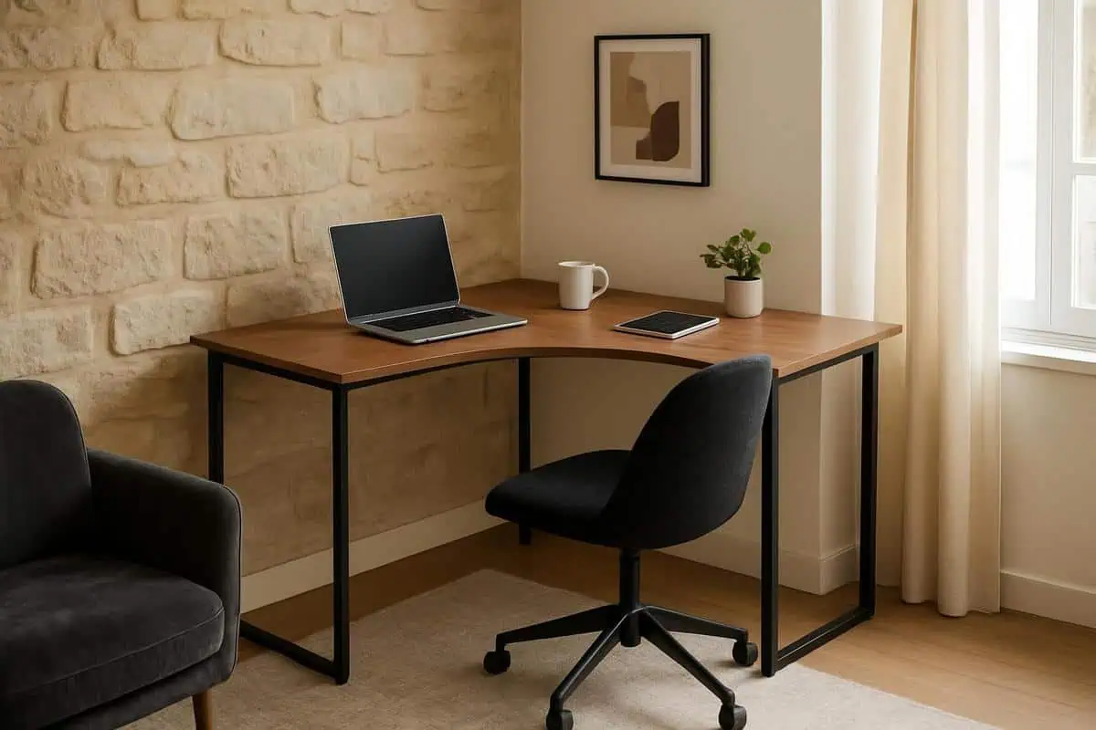 Bureau d'angle triangulaire compact en acier et noyer pour aménager petit espace avec structure optimisee