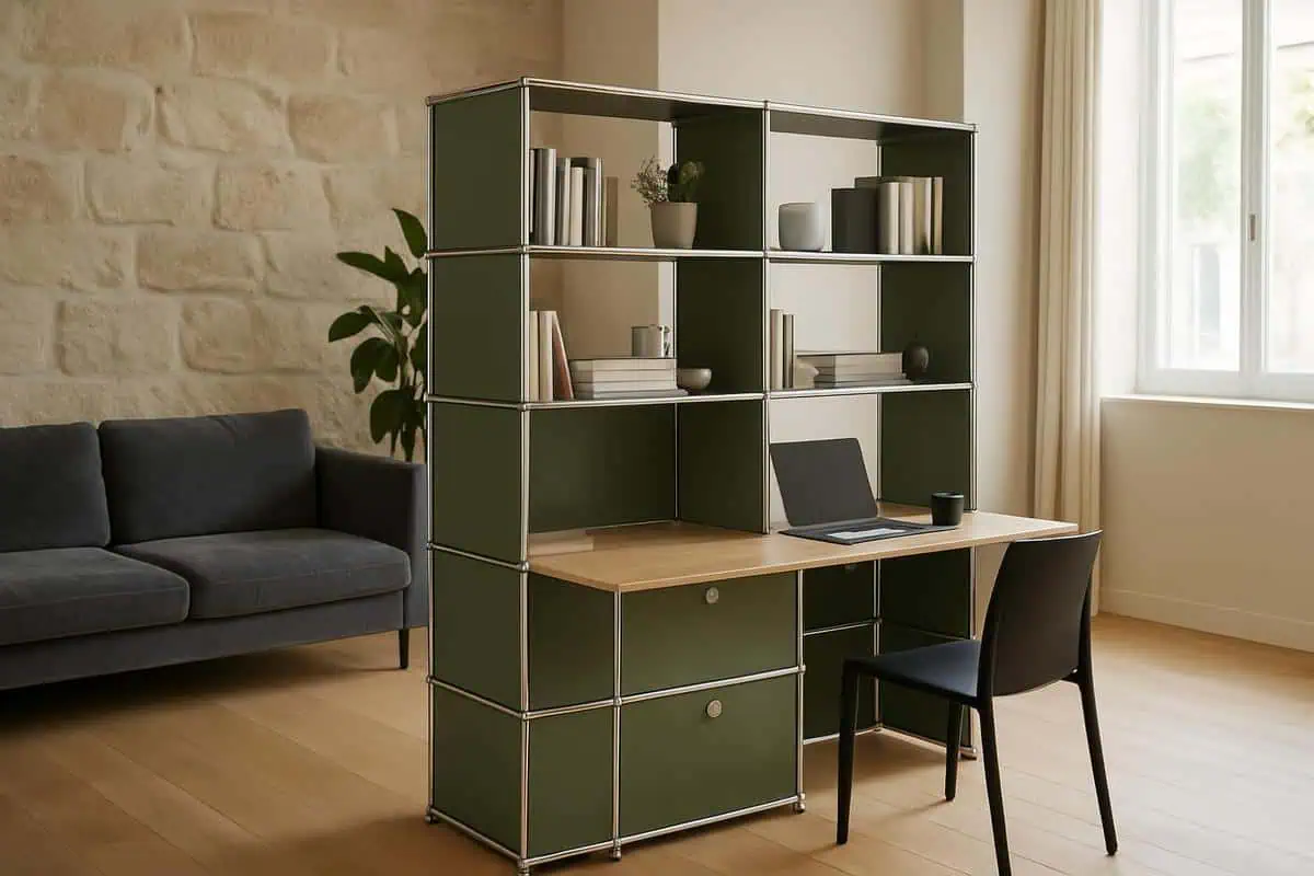 Bureau bibliotheque USM Haller avec modules acier chrome et panneaux laque pour amenager un salon multifonction, meuble rangement bureau integre