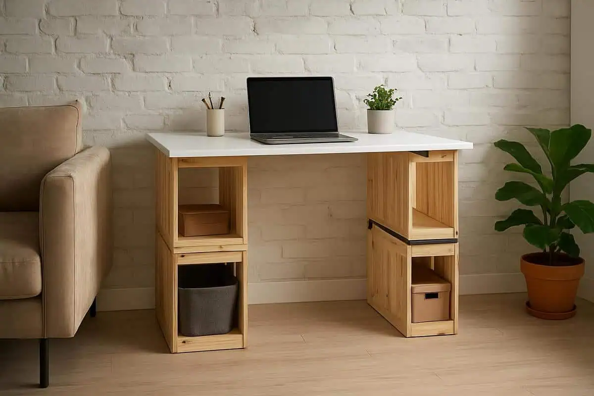 Bureau DIY avec caisses en bois empilees 50x40x30 cm en pin naturel plateau melamine blanc 120x60 cm petit espace