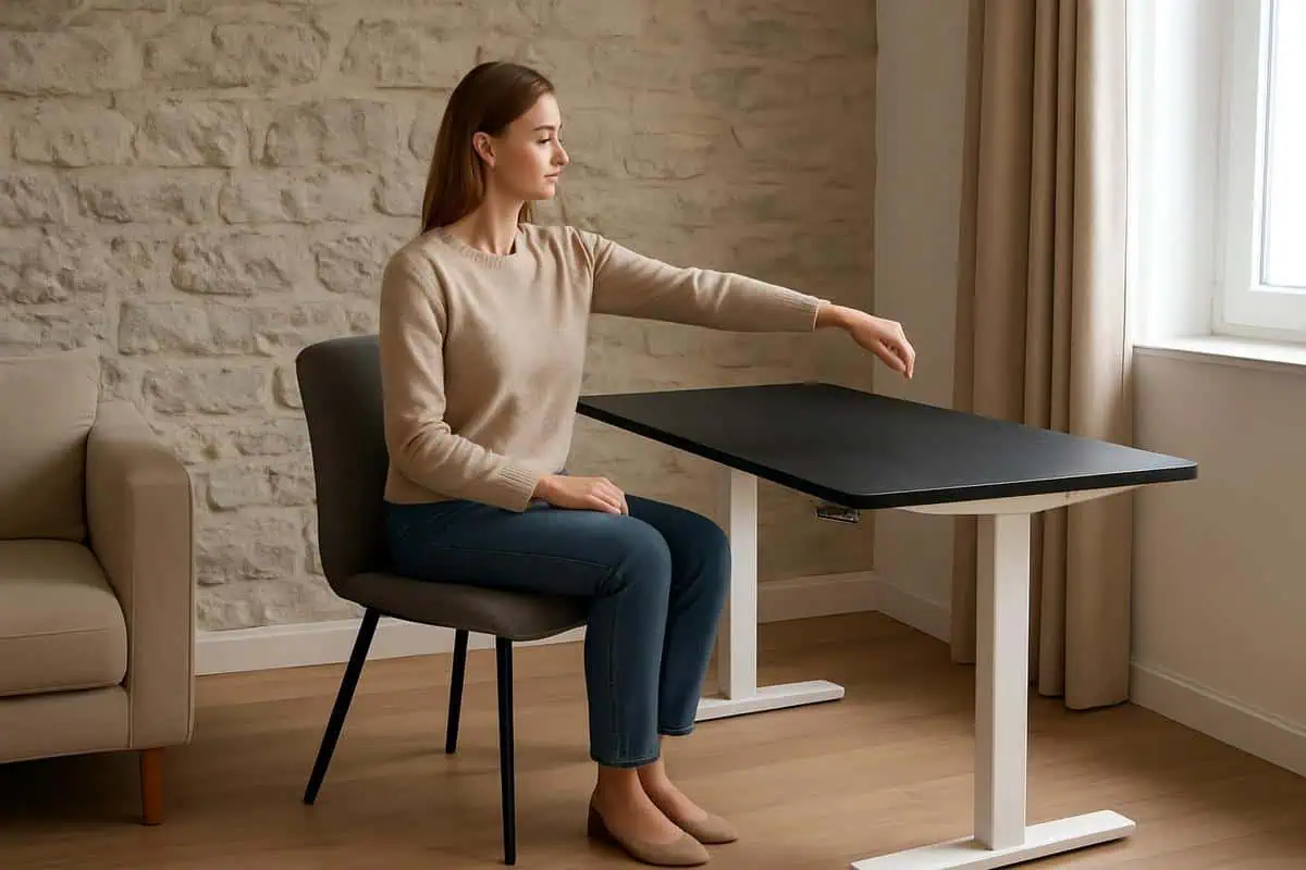 Bureau ergonomique petit espace avec hauteur de plateau optimisee angle coudes 90 degres chaise compacte