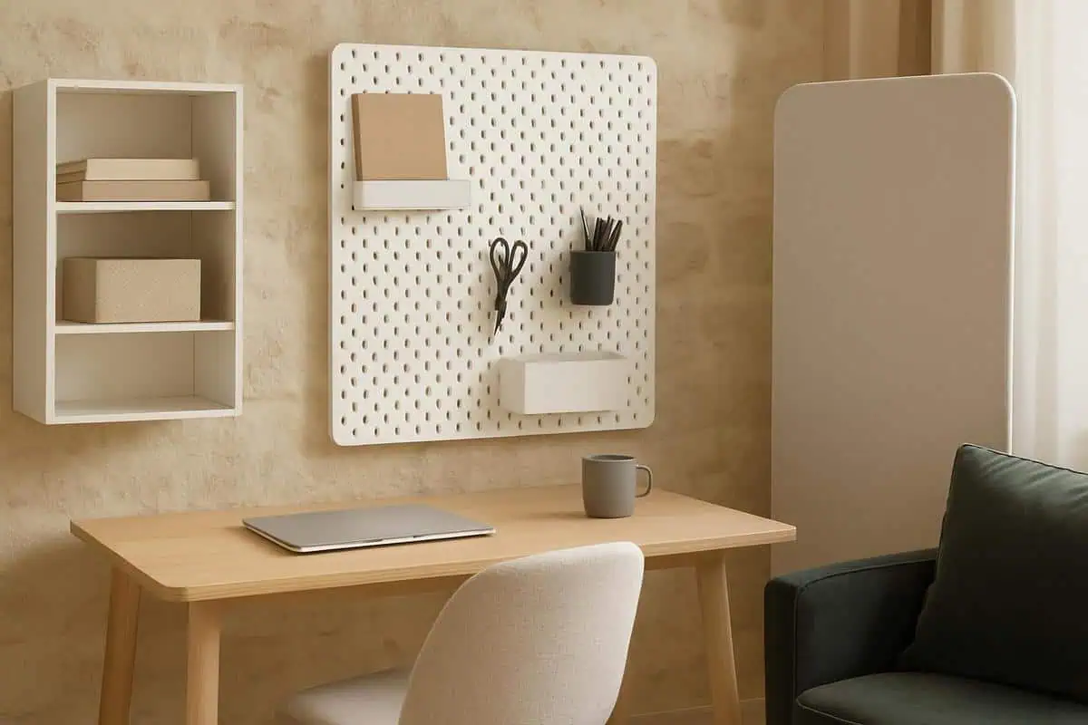 Bureau gain de place avec organiseur mural metal perfore blanc etageres rangement caissons verticaux petit espace modulable