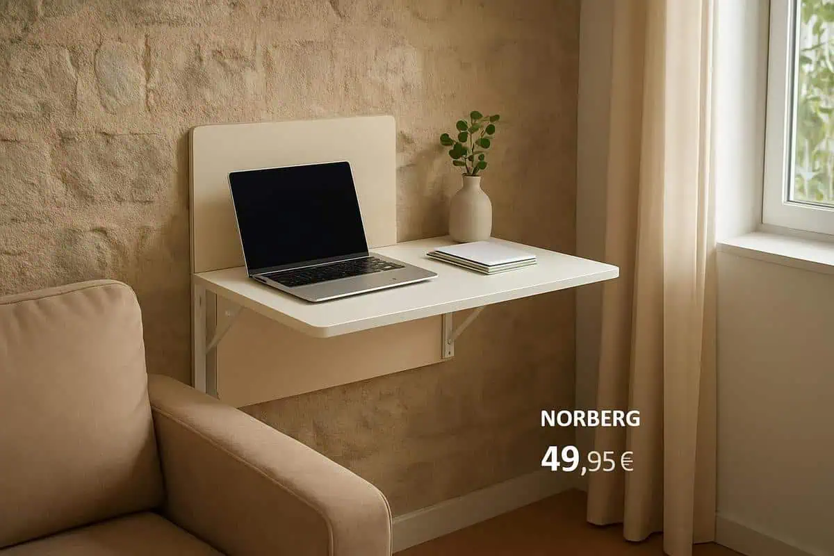 Bureau mural pliant compact IKEA Norbo pour aménager petit espace avec charnières hydrauliques et plateau rabattable