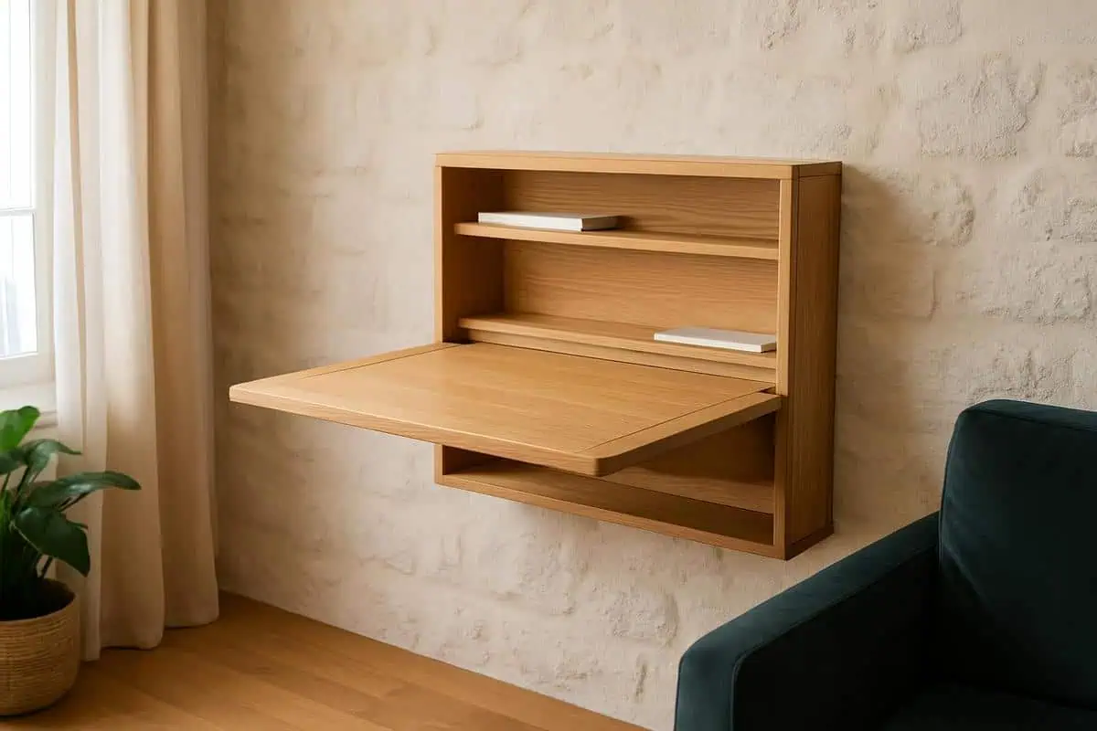 Bureau mural rabattable en chêne massif Woodman pour petit espace, bureau repliable compact 90 cm