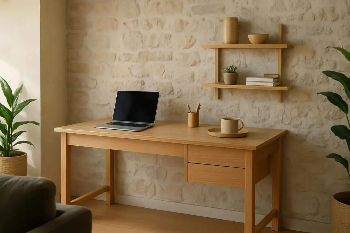 Bureau plateau chene massif bois naturel pour coin bureau petit espace apaisant avec etageres murales