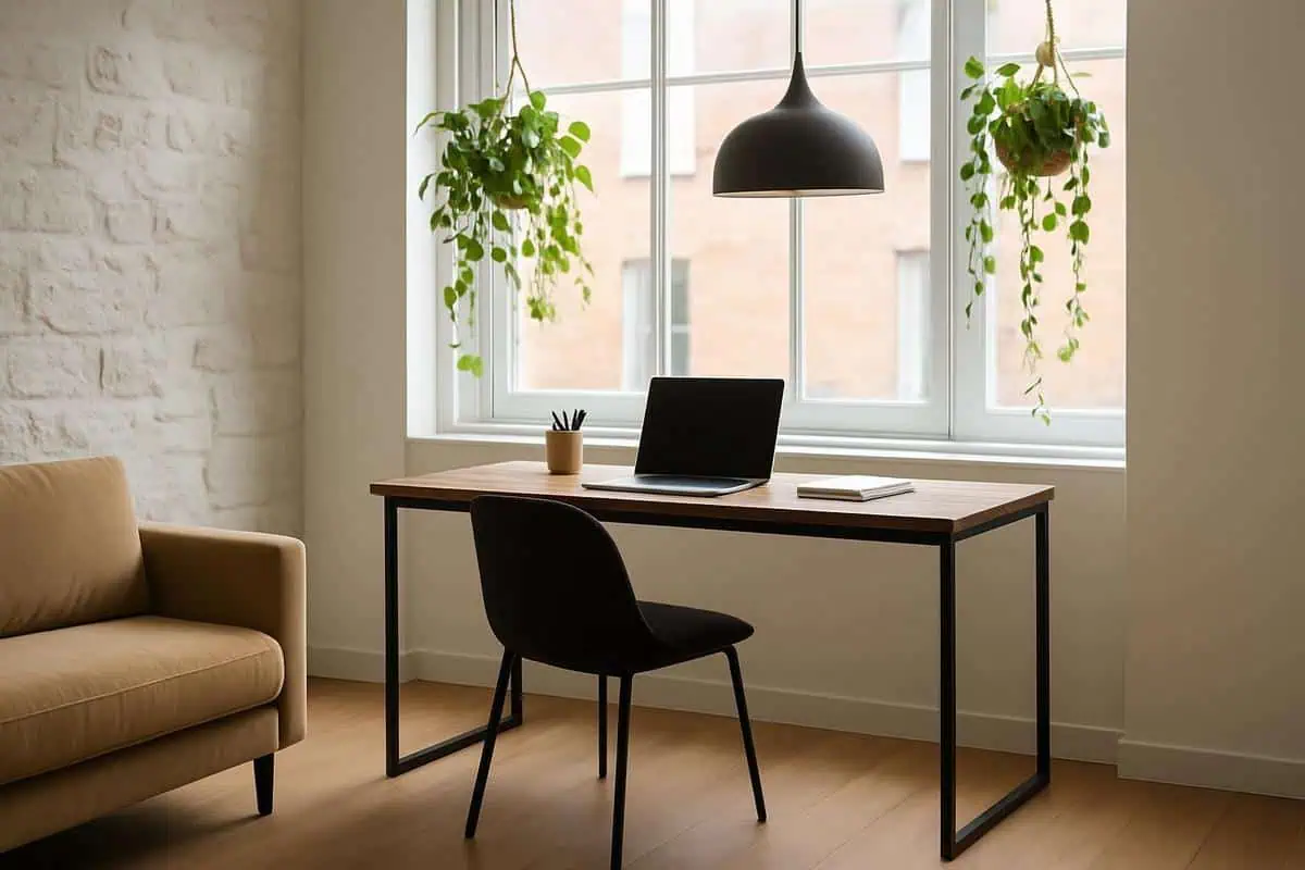 Bureau console metal noir mat sous fenetre plateau noyer huilé pour aménager espace travail lumière naturelle salon