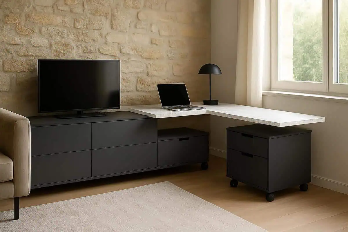 Bureau suspendu plateau terrazzo retour angle caissons roulettes bois gris anthracite pour aménager coin travail salon modulaire