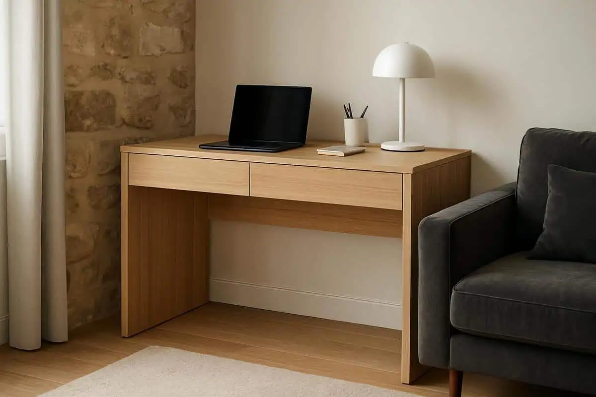Bureau avec tiroirs intégrés pour rangements discrets en salon, mobilier minimaliste avec caisson de rangement