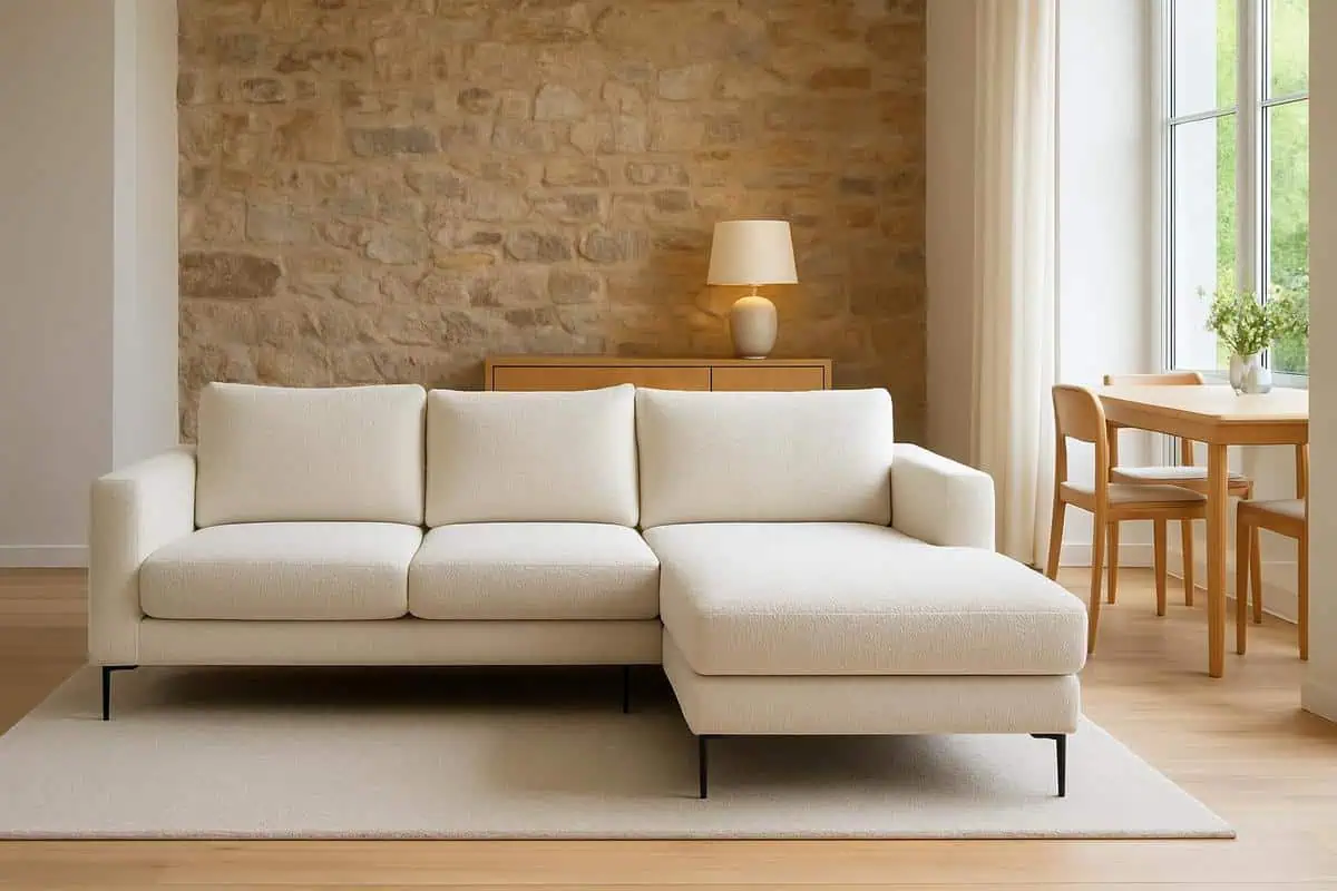 Canape d'angle modulable en bouclette ivoire avec pieds fins pour salon salle a manger en longueur circulation fluide
