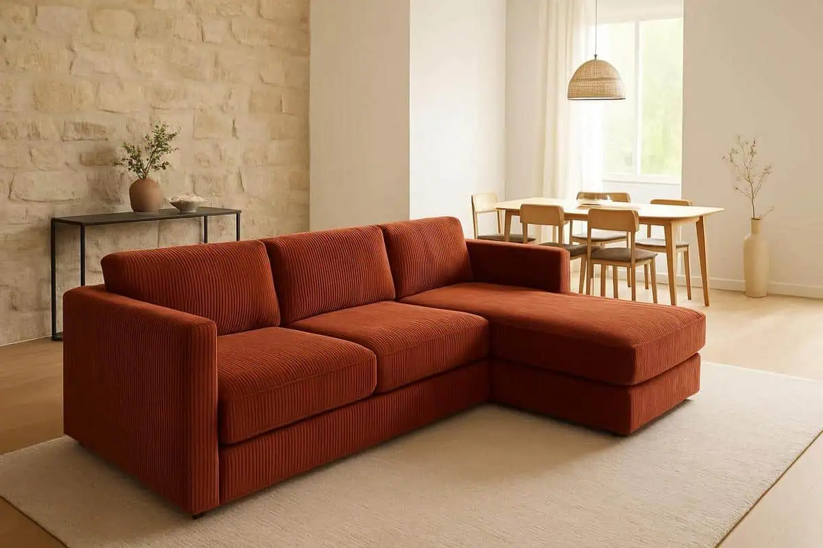 Canape d'angle en velours terracotta comme separateur entre salon et salle a manger, solution de delimitation des espaces sans cloison