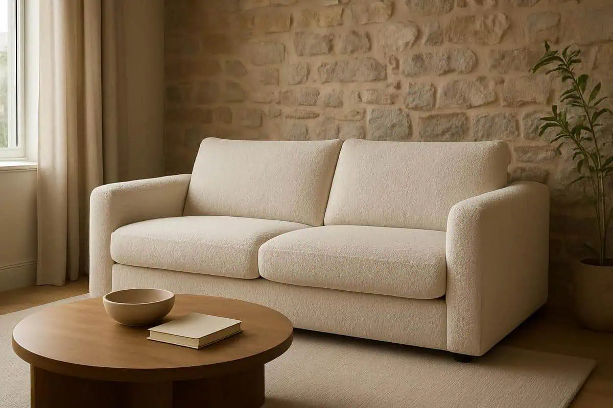 Canapé cocooning en velours et laine bouclée pour idée déco salon cosy avec matières naturelles