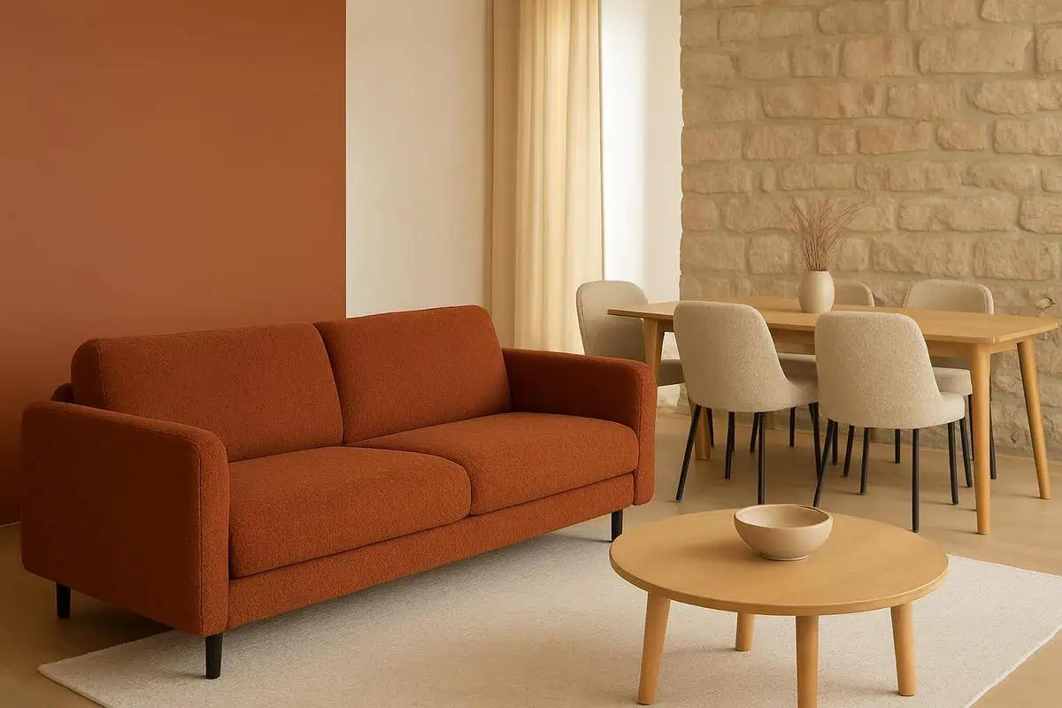 canapé velours rouille et chaises tissu bouclette sable pour palette couleurs harmonieuse salon salle à manger