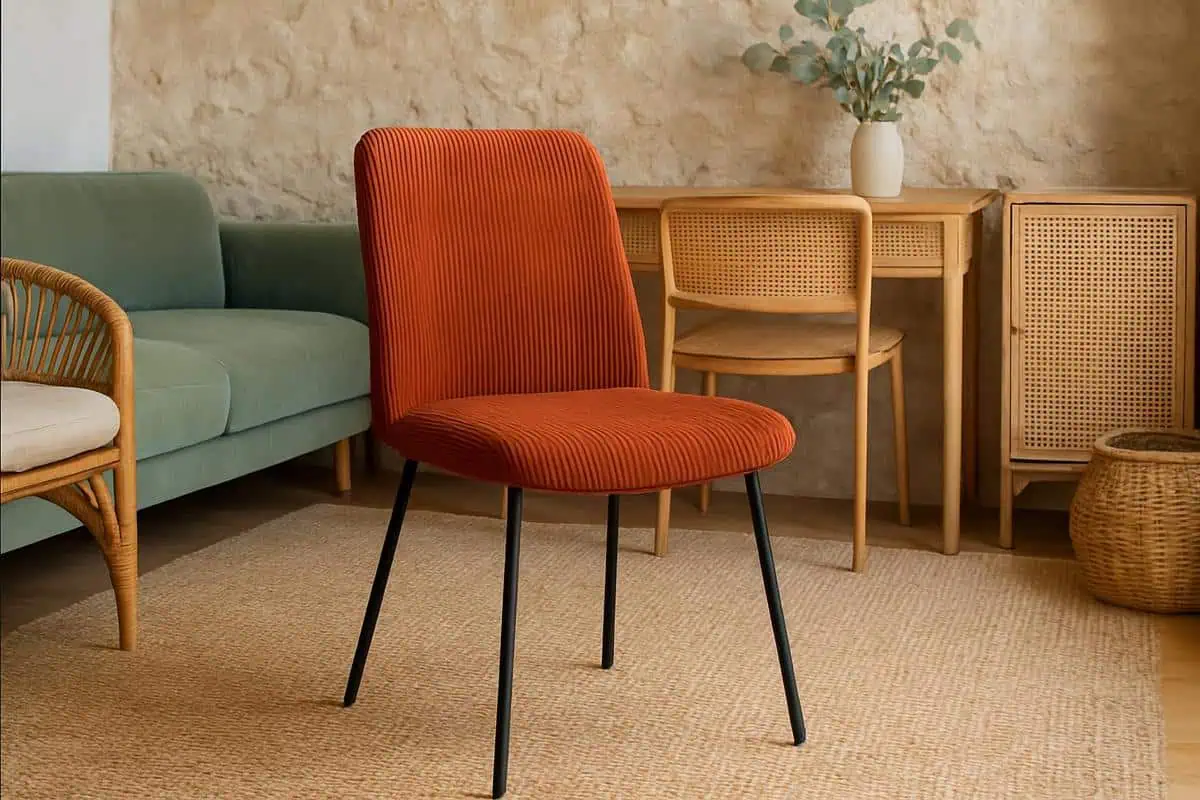 Chaise scandinave en velours côtelé terracotta pour aménager un petit espace bureau derrière canapé salon