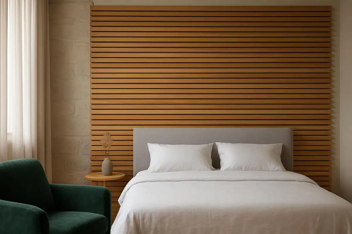 Claustra en bois naturel avec lames horizontales derriere tete de lit pour deco chambre adulte 2026, mobilier sur mesure
