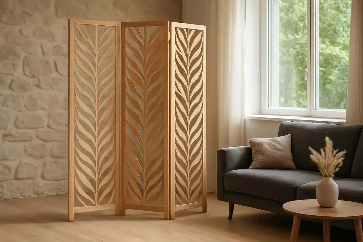 Cloison mobile 3 panneaux 170cm bois metal pour delimiter coin bureau petit espace avec lumiere naturelle