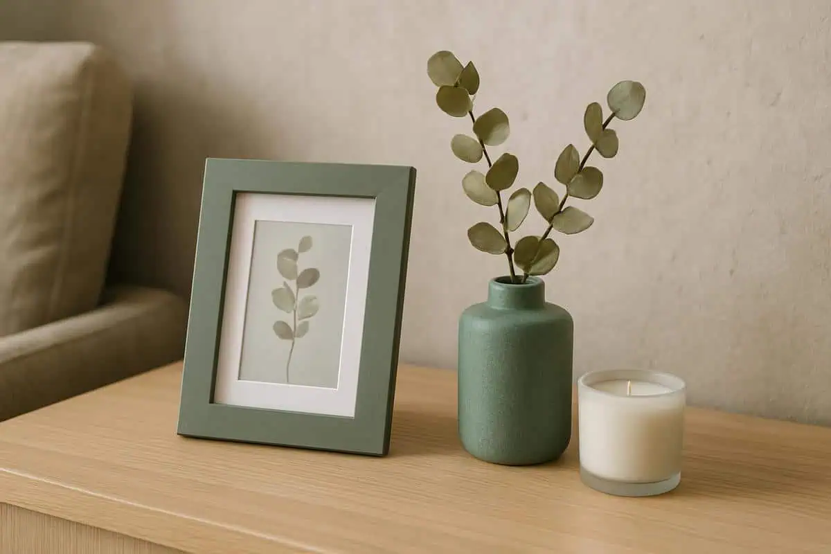 Decoration bureau petit espace eucalyptus bougie cadre photo ambiance apaisante fonctionnelle