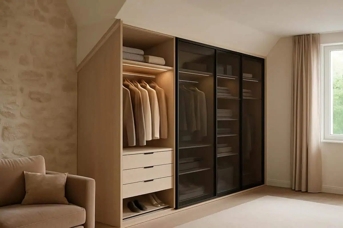 Dressing chambre adulte avec rangements sur mesure, penderie et etageres mobilier epure, organisation fonctionnelle