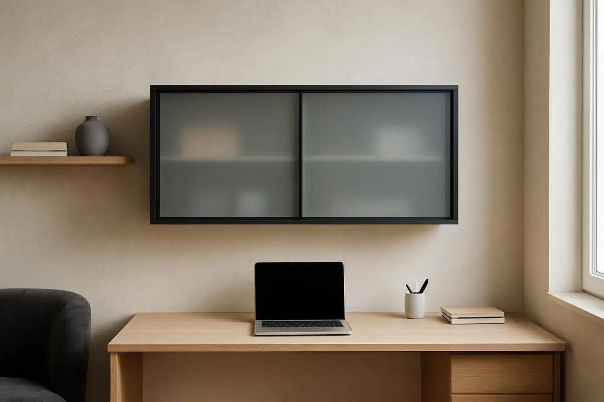 Etagères murales avec portes coulissantes pour rangements bureau salon, bibliothèque fermée minimaliste