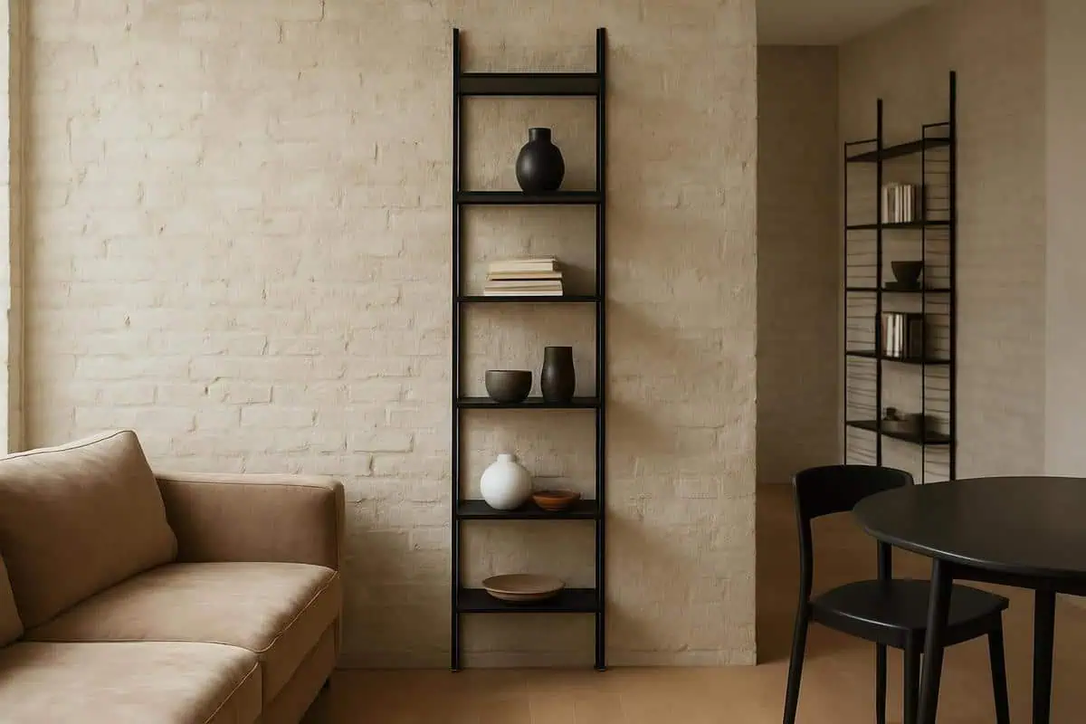 étagères murales métal noir mat String Furniture rangement vertical salon salle à manger hauteur sous plafond