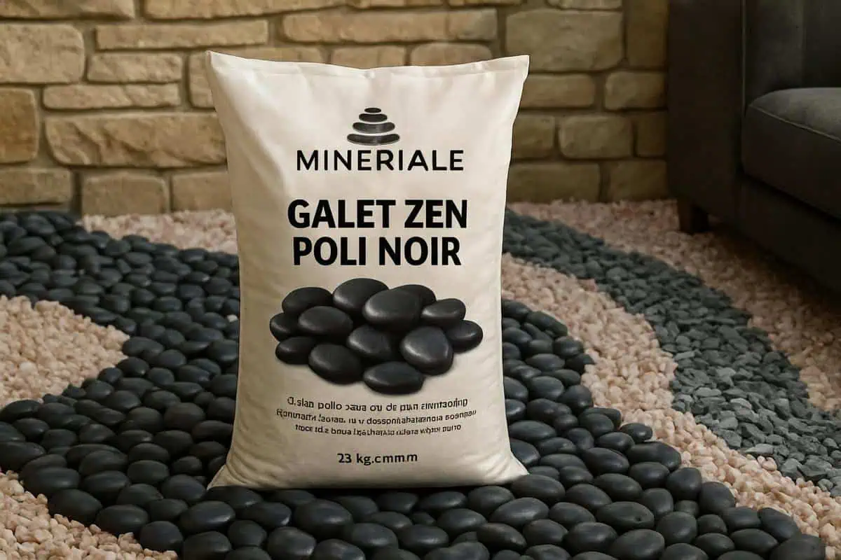 Galets noirs de basalte poli et schiste ardoise pour jardin zen minéral design