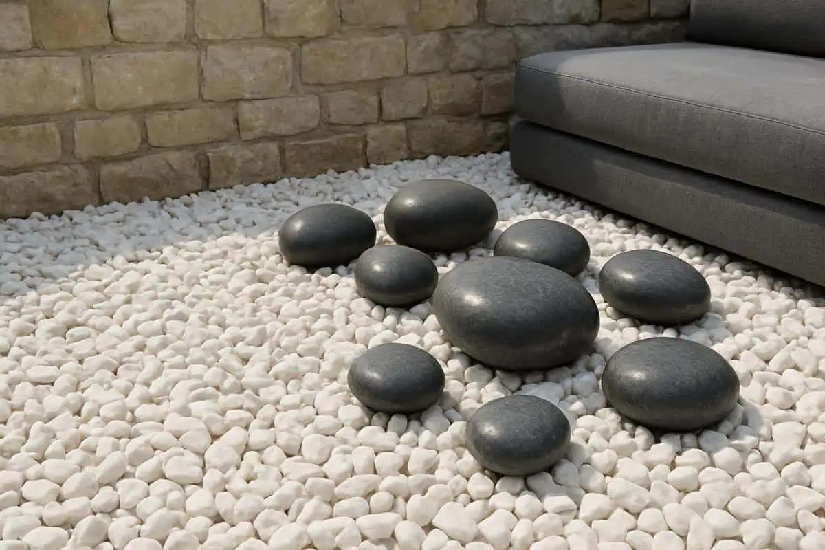 Gravier blanc de Carrare avec galets polis pour idée jardin zen minéral