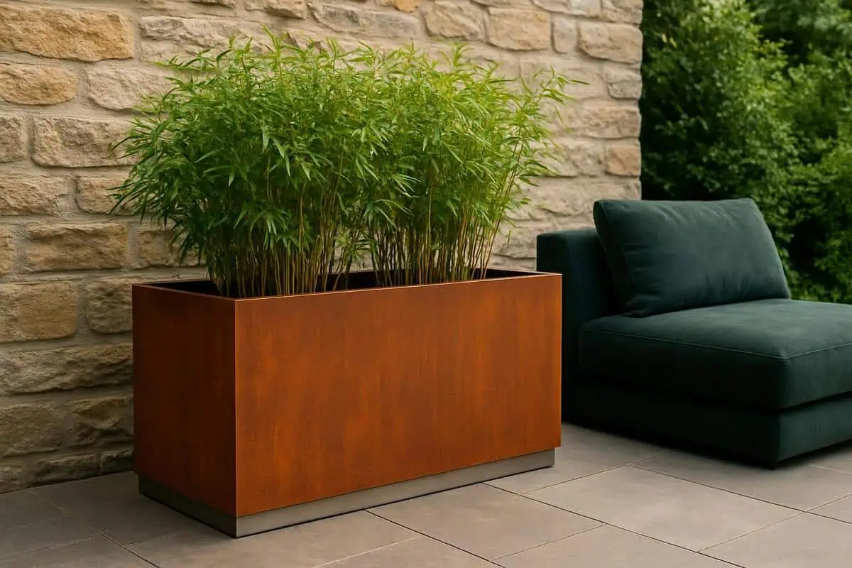 Jardinières en acier corten pour bambou en bac non tracant, bacs à plantes minimalistes jardin zen