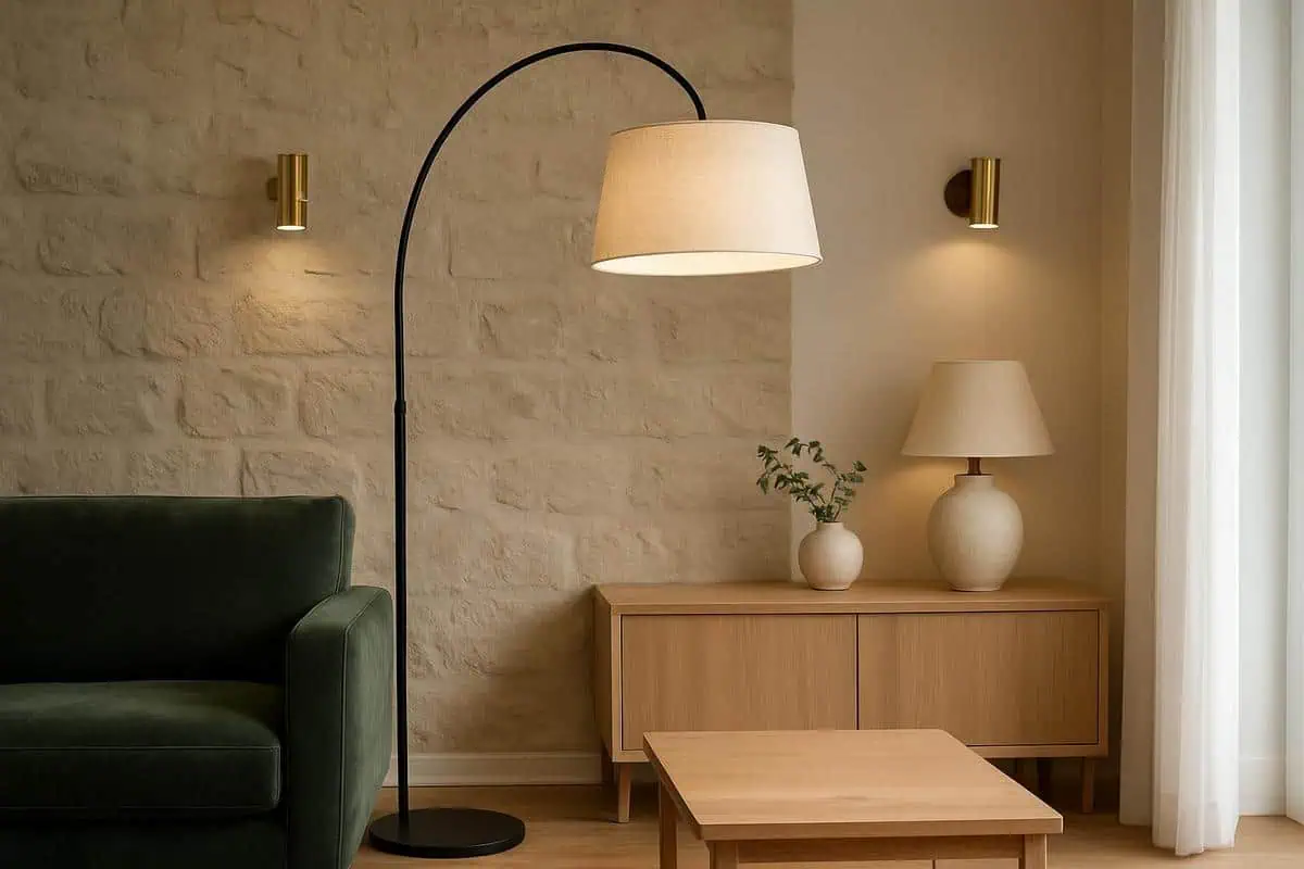 lampadaire arc abat-jour lin tissu salon canapé eclairage ambiance harmonieuse