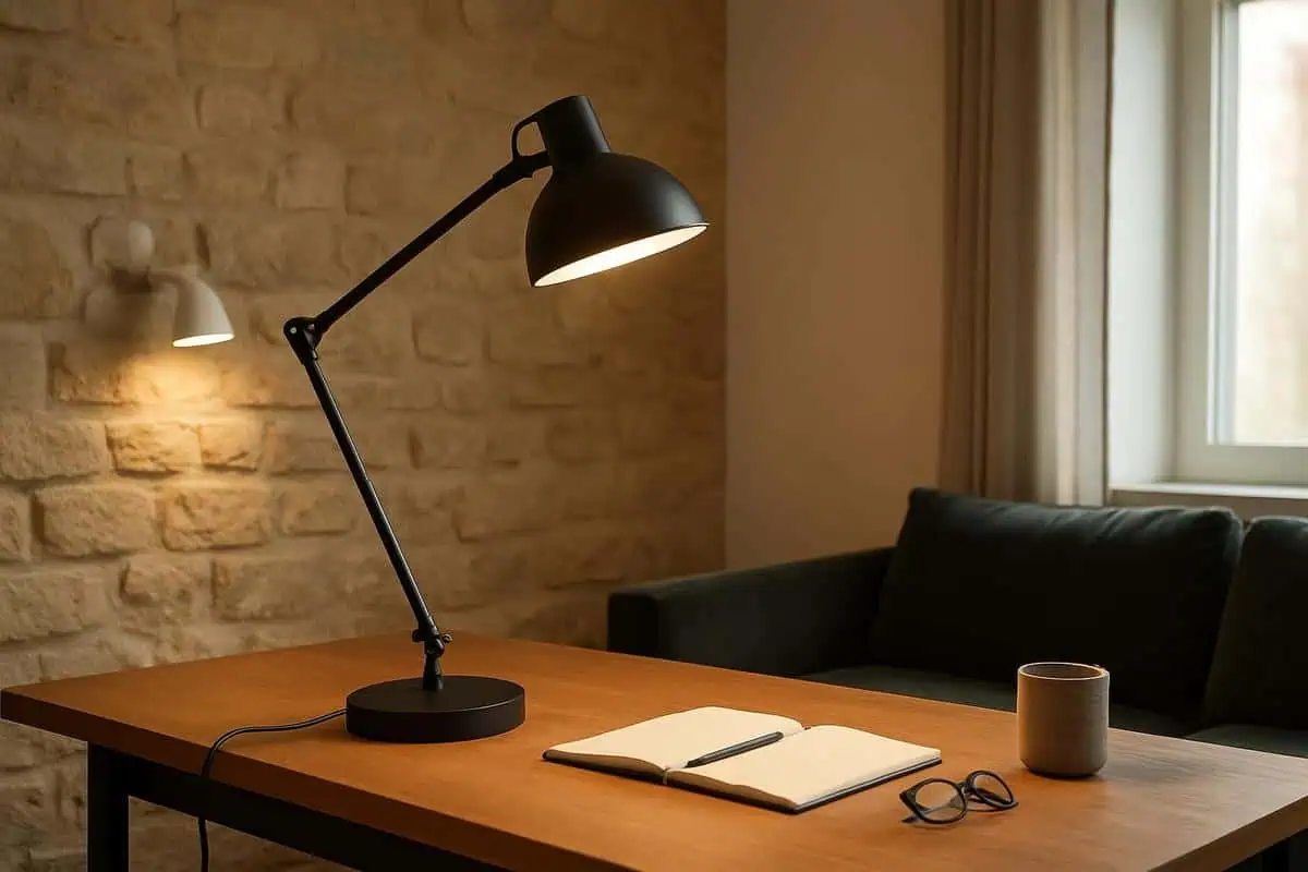 lampe de bureau design a bras articule en laiton ou metal noir pour integrer le coin bureau au salon avec eclairage fonctionnel