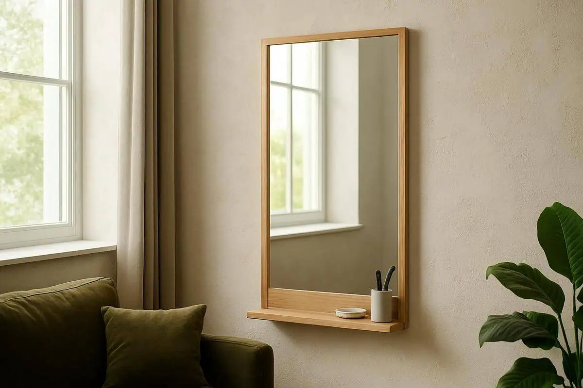 Miroir rectangulaire cadre chene clair 60cm hauteur pour agrandir coin bureau petit espace lumiere naturelle