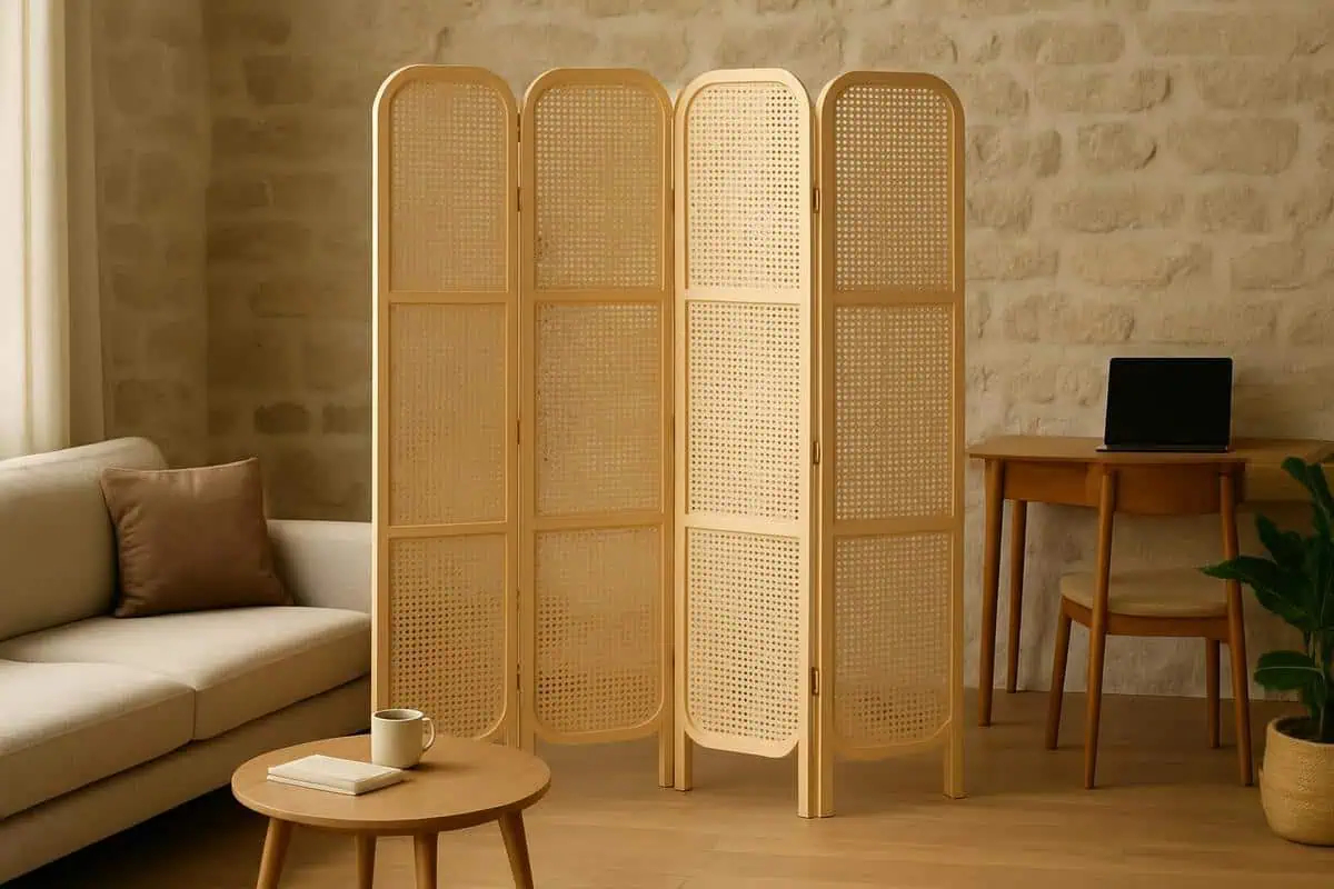 paravent en rotin tresse et cannage naturel sur structure frene pour cacher et delimiter un coin bureau dans le salon