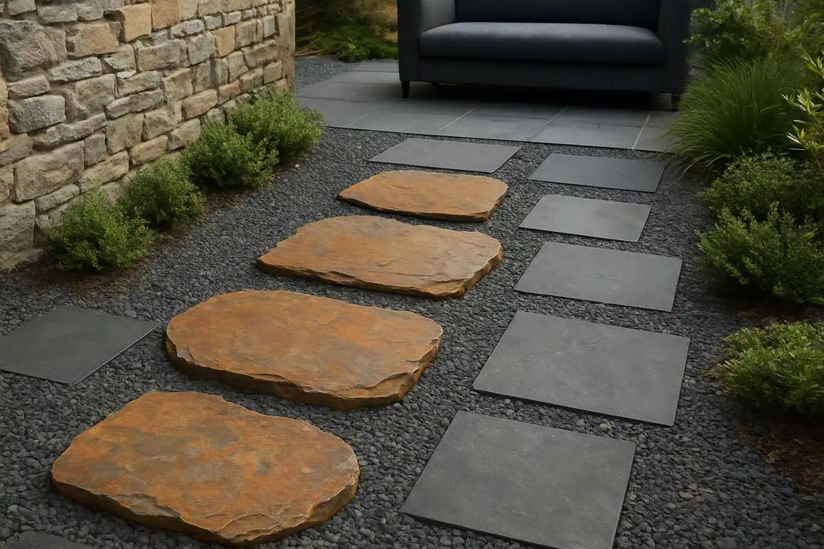 Pas japonais en schiste ardoise pour cheminement zen et déco extérieure minérale