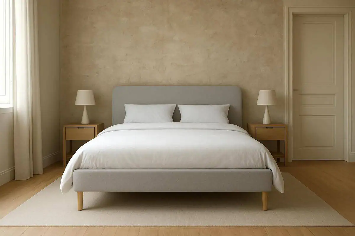 Plan d'amenagement chambre adulte avec lit central, chevets et dressing sur mesure, mobilier epure 2026