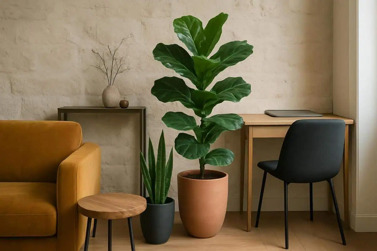 plantes delimitantes ficus lyrata et sanseviera en cachepot terre cuite pour zoner un coin bureau dans le salon
