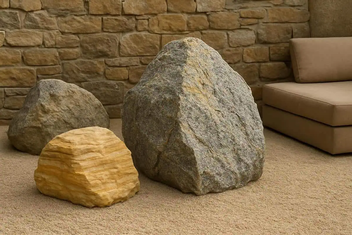 Rochers déco en granit et grès pour composition zen équilibrée avec principe sanzon