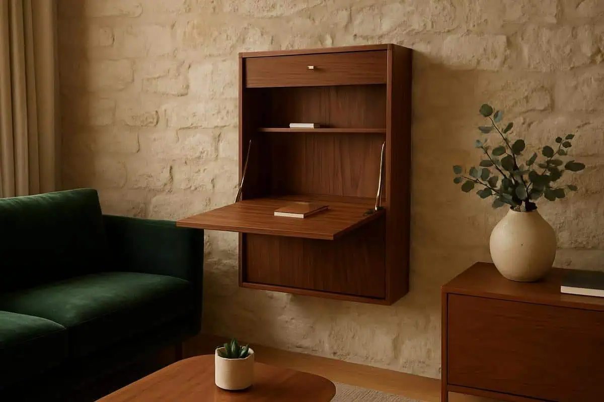 Secretaire mural rabattable Arco Ligne Roset en noyer americain avec ferrures laiton, bureau escamotable compact pour amenager petit salon