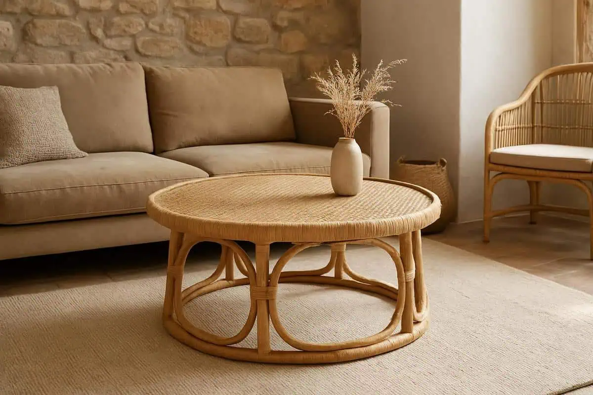 Table basse bois massif et rotin tresse pour decoration salon cocooning avec matieres naturelles