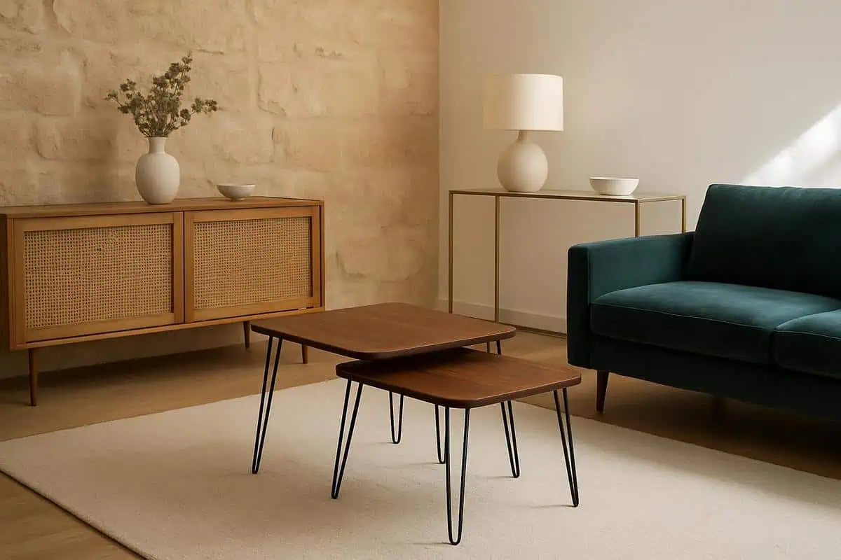 Table basse gigogne en noyer avec pietement hairpin pour salon salle a manger circulation fluide et minimaliste