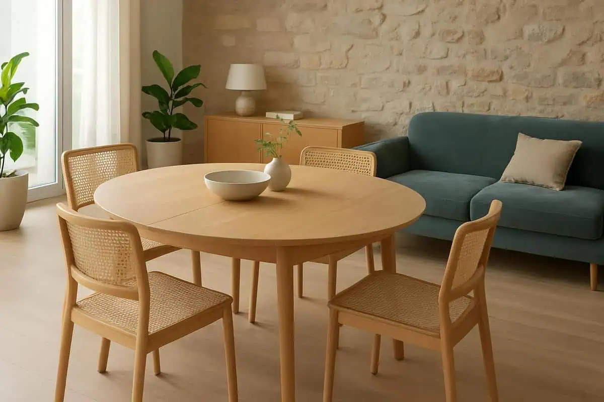 Table ronde extensible en chene massif avec rallonges papillon pour amenager salon salle a manger en longueur avec circulation fluide