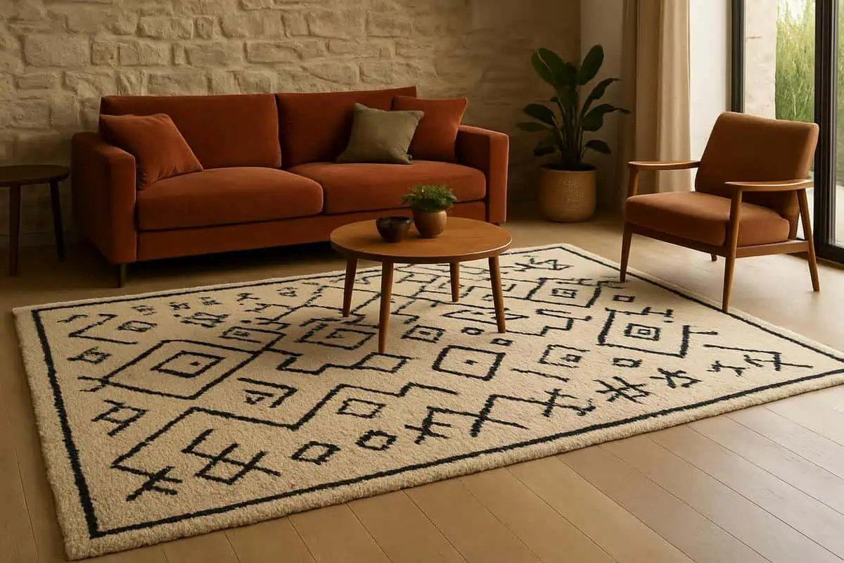 Tapis en laine tissee main motifs berberes beige et noir pour structurer visuellement salon et salle a manger, solution de delimitation des espaces
