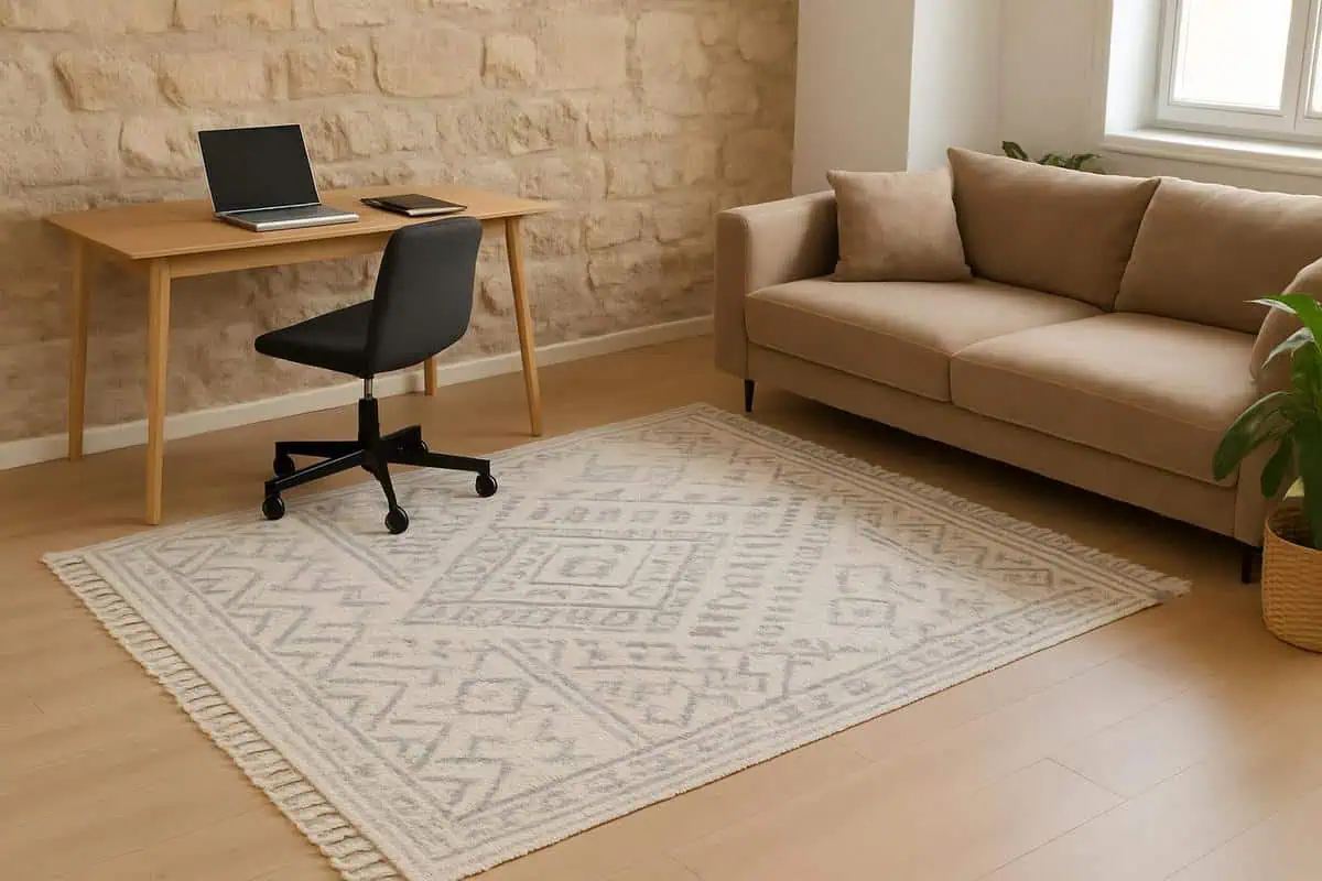 tapis separateur naturel en jute ou laine pour delimiter un coin bureau dans le salon avec motifs geometriques discrets