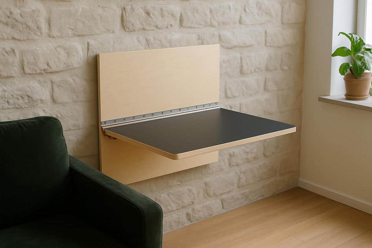 Plateau bureau escamotable mural 80x40 cm contreplaque bouleau charniere piano acier inoxydable 80 cm petit espace