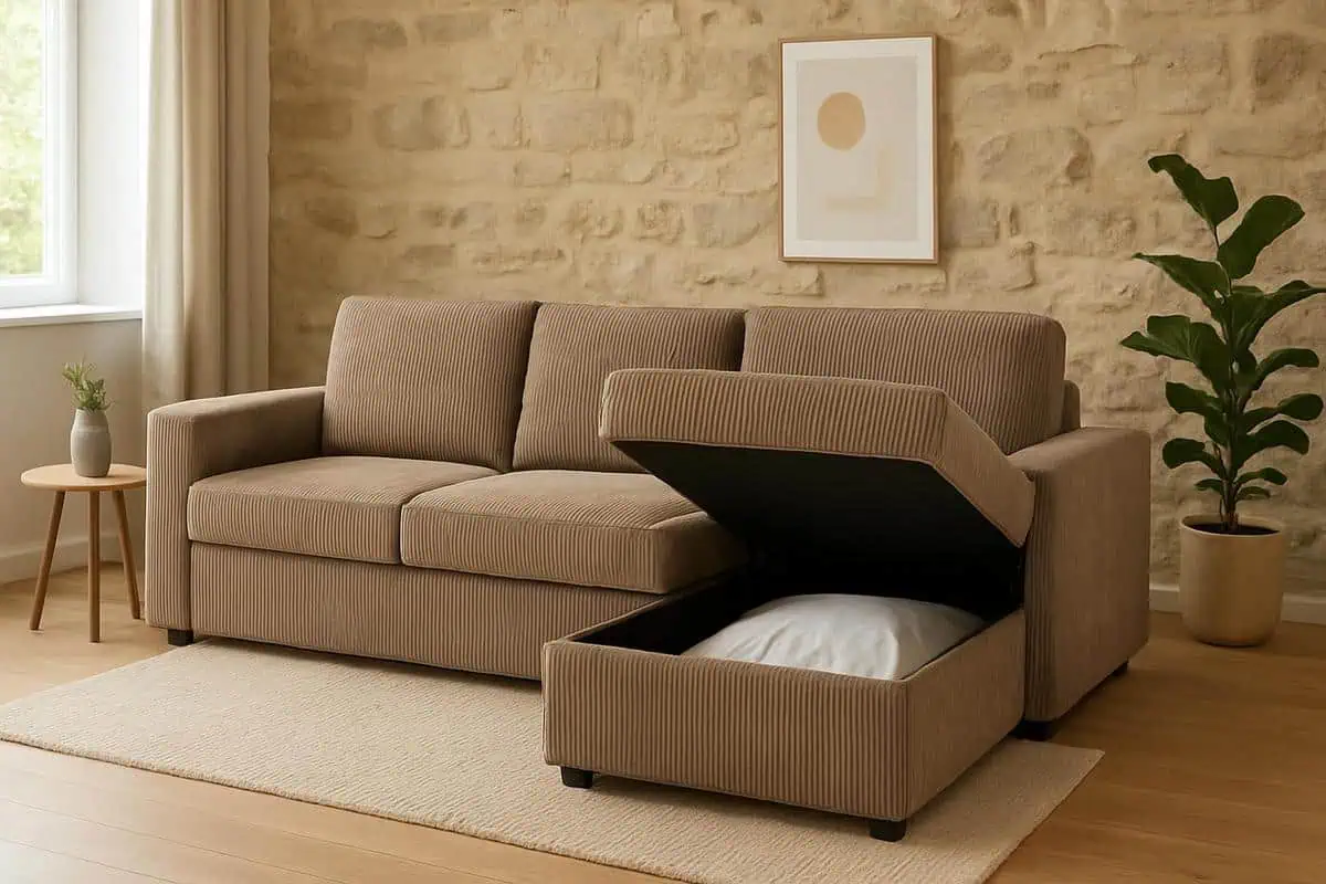 Canapé d'angle convertible en velours taupe avec coffre de rangement pour optimiser petit salon et coin détente cosy