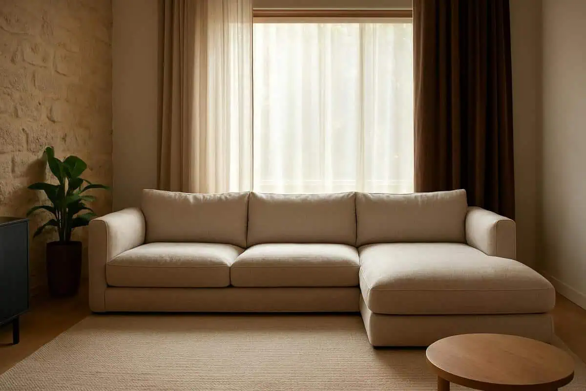 Canapé d'angle dos à la fenêtre avec rideaux en lin naturel pour optimiser l'orientation vers la lumière et créer un salon lumineux