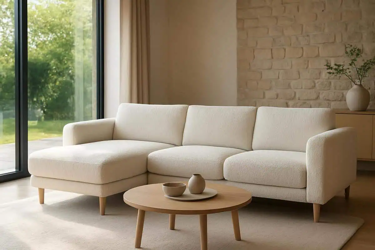 Canapé d'angle orienté face à la fenêtre avec miroir rotin pour agrandir l'espace et optimiser la vue et luminosité du salon