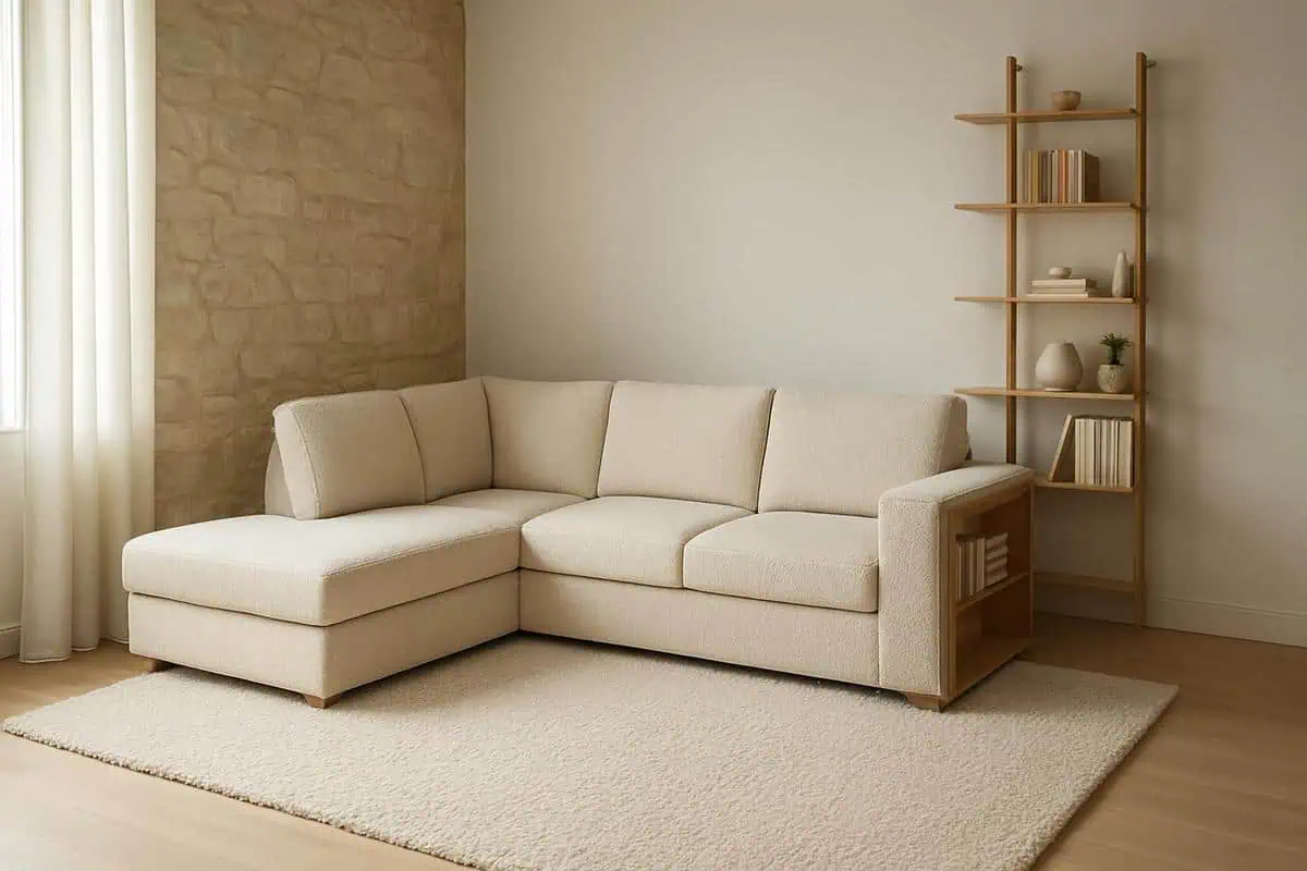 Canapé d'angle contre les murs avec bibliothèque modulable en chêne clair pour optimiser l'agencement du salon