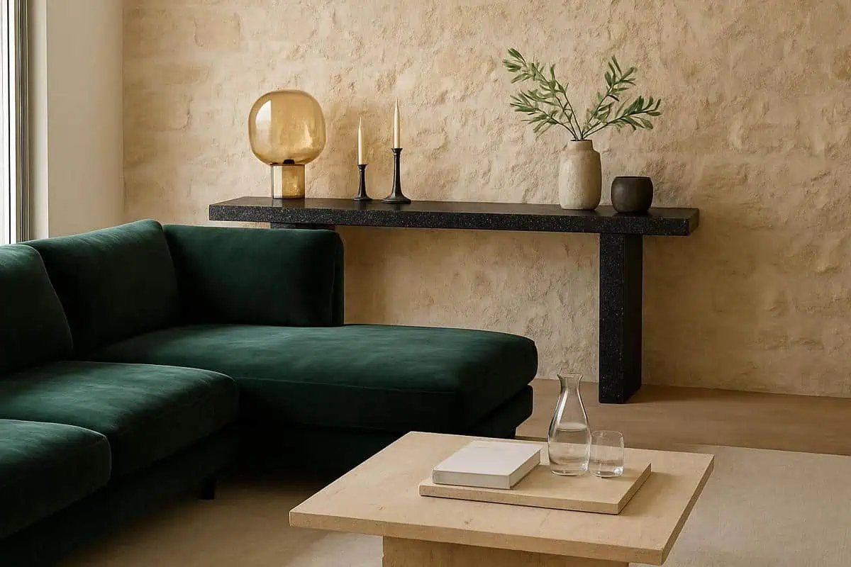 Console en marbre terrazzo derrière canapé d'angle au centre du salon pour délimiter l'espace et créer une galerie déco